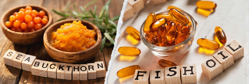 Comparison of sea buckthorn puree vs fish oil capsules showing nutrient-rich orange berries and omega-3 supplements on a rustic and modern background.