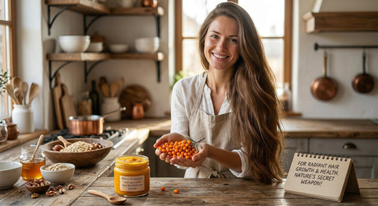 A smiling woman with long, thick, healthy hair in a rustic kitchen holding fresh orange sea buckthorn berries, with a jar of sea buckthorn puree and a notebook titled "Nature's Secret Weapon" on the counter.