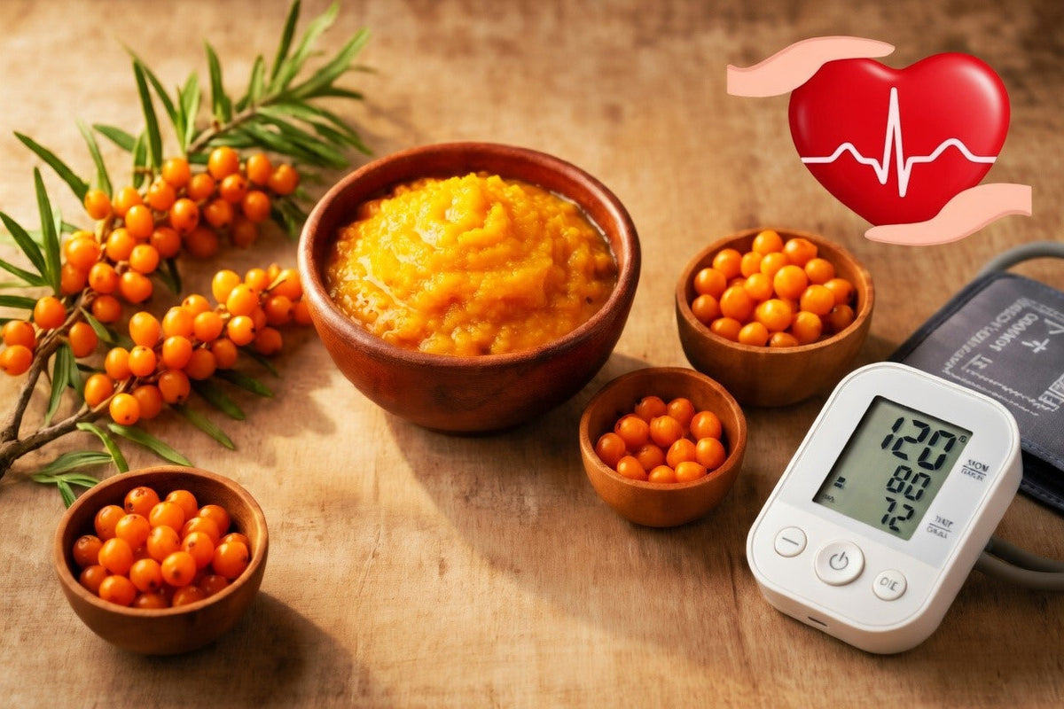 Wooden bowls filled with vibrant orange sea buckthorn puree and fresh berries on a rustic table, featuring a digital blood pressure monitor showing 120/80 and a heart health icon to represent natural hypertension management.