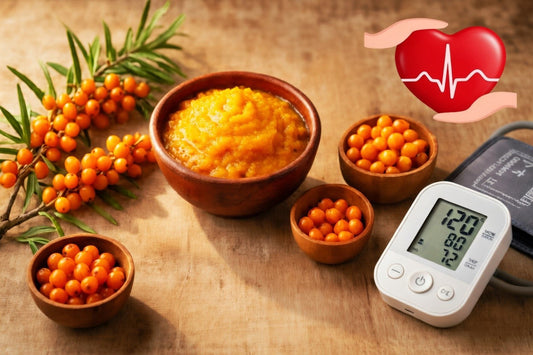 Wooden bowls filled with vibrant orange sea buckthorn puree and fresh berries on a rustic table, featuring a digital blood pressure monitor showing 120/80 and a heart health icon to represent natural hypertension management.