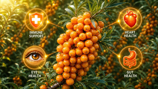 Sea buckthorn berries showing Omega-7 benefits for dry eyes, immune support, heart, and gut health. Perfect for natural hydration and systemic wellness.