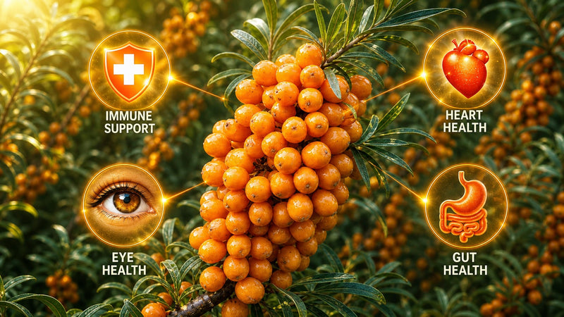 Sea buckthorn berries showing Omega-7 benefits for dry eyes, immune support, heart, and gut health. Perfect for natural hydration and systemic wellness.