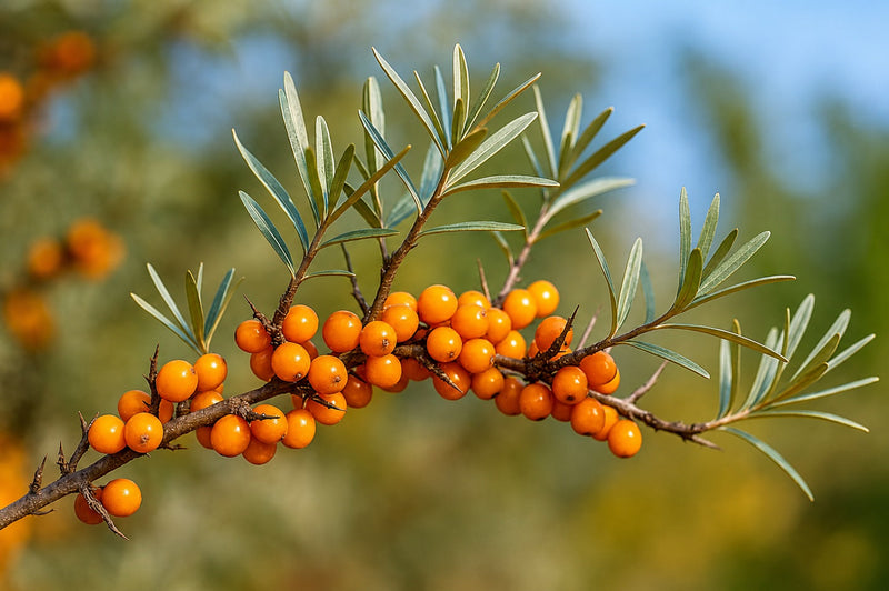 Fresh sea buckthorn berries growing on a branch with green leaves in natural sunlight