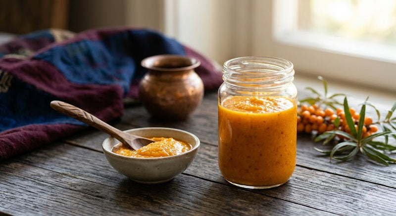  Human Renaissance wild-harvested sea buckthorn puree on a wooden table with traditional Tibetan and Ayurvedic decor.