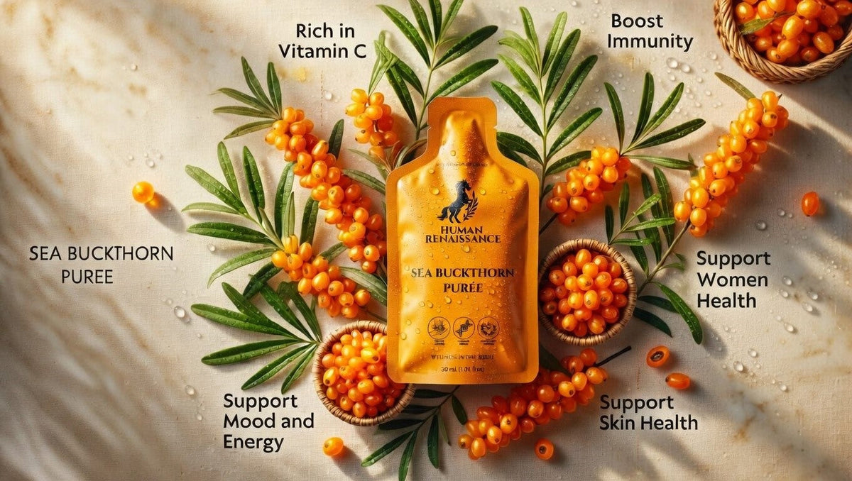 Human Renaissance wild-harvested sea buckthorn puree packet surrounded by fresh orange berries, highlighting benefits for menopause support, vitamin C, and women's health.