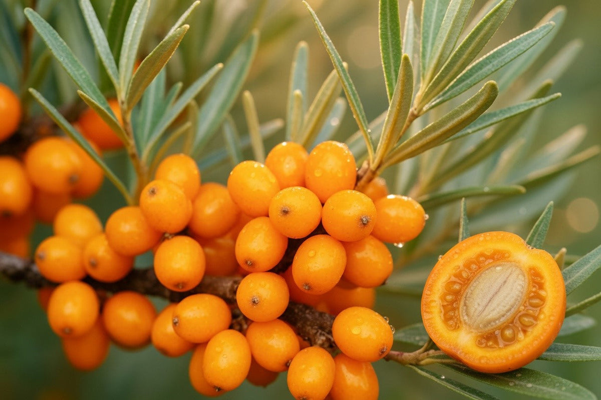 A close-up of a wild sea buckthorn branch with vibrant orange berries and water droplets, featuring a detailed cross-section of a single berry revealing the inner seed and pulp—the source of its complete Omega 3 6 7 9 profile.
