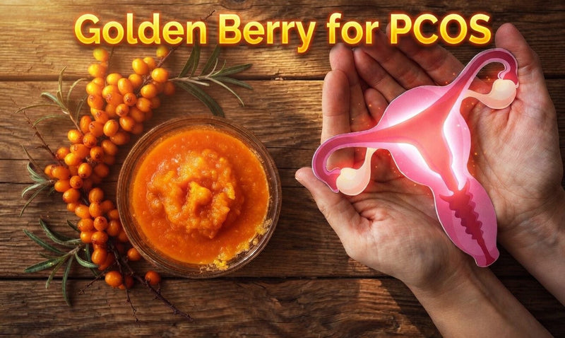 Sea buckthorn golden berry pulp for PCOS: Uterus model with sea buckthorn puree and fresh berries on a branch over a rustic wood background, supporting women's reproductive health naturally.