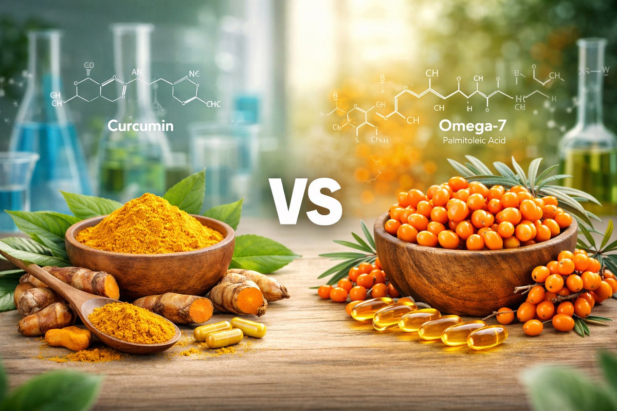 Comparative scientific infographic of Turmeric vs Sea Buckthorn, showing Curcumin molecular structure with turmeric root and Omega-7 Palmitoleic Acid structure with fresh sea buckthorn berries and golden oil softgels.