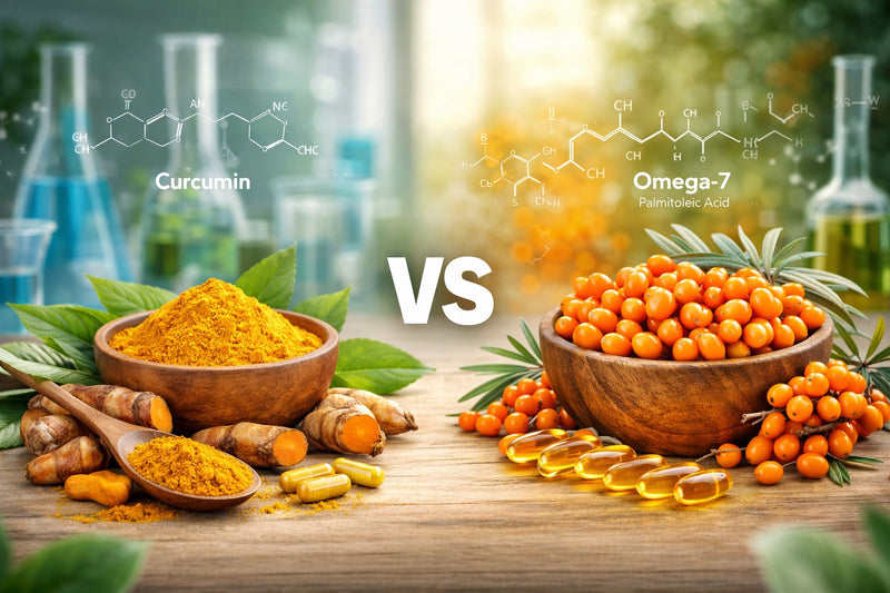 Comparative scientific infographic of Turmeric vs Sea Buckthorn, showing Curcumin molecular structure with turmeric root and Omega-7 Palmitoleic Acid structure with fresh sea buckthorn berries and golden oil softgels.