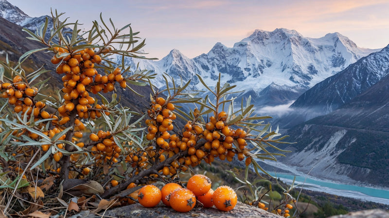 A cluster of vibrant orange wild sea buckthorn berries growing on a thorny branch in the rugged, high-altitude terrain of the Tibetan Plateau, with snow-capped Himalayan mountains and a turquoise river valley in the background at sunrise.