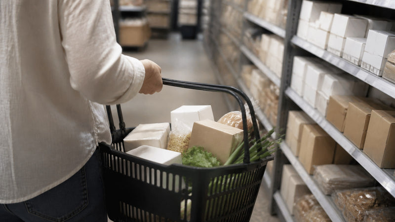 A shopper carrying a basket of packaged goods down a supermarket aisle
