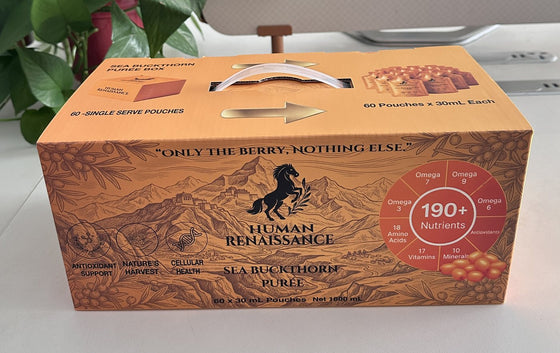 Human Renaissance sea buckthorn puree box of 60 single-serve pouches, real product photo