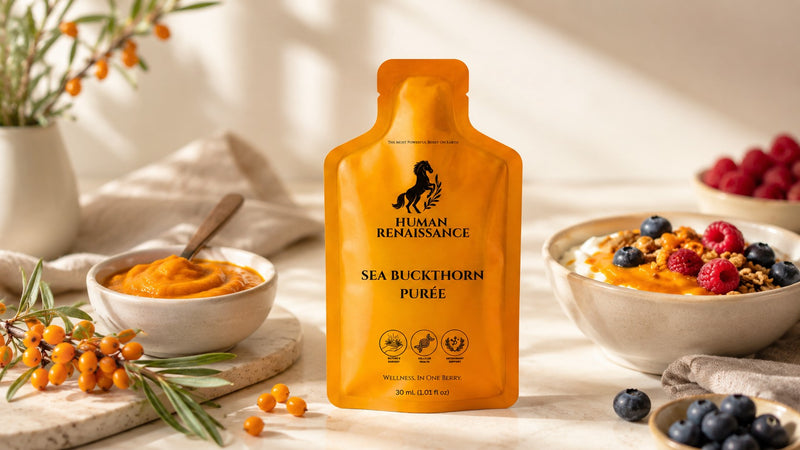 Human Renaissance sea buckthorn puree pouch with orange puree, yogurt bowl, berries, and breakfast ingredients on a bright kitchen table