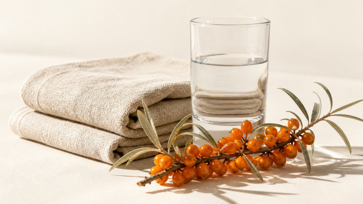 A glass of water and folded linen towels beside a sea buckthorn branch on a warm cream background