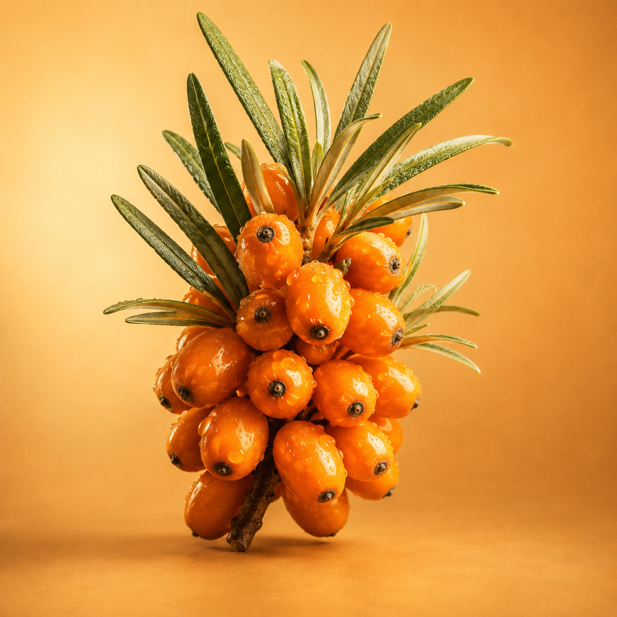 A cluster of whole sea buckthorn berries