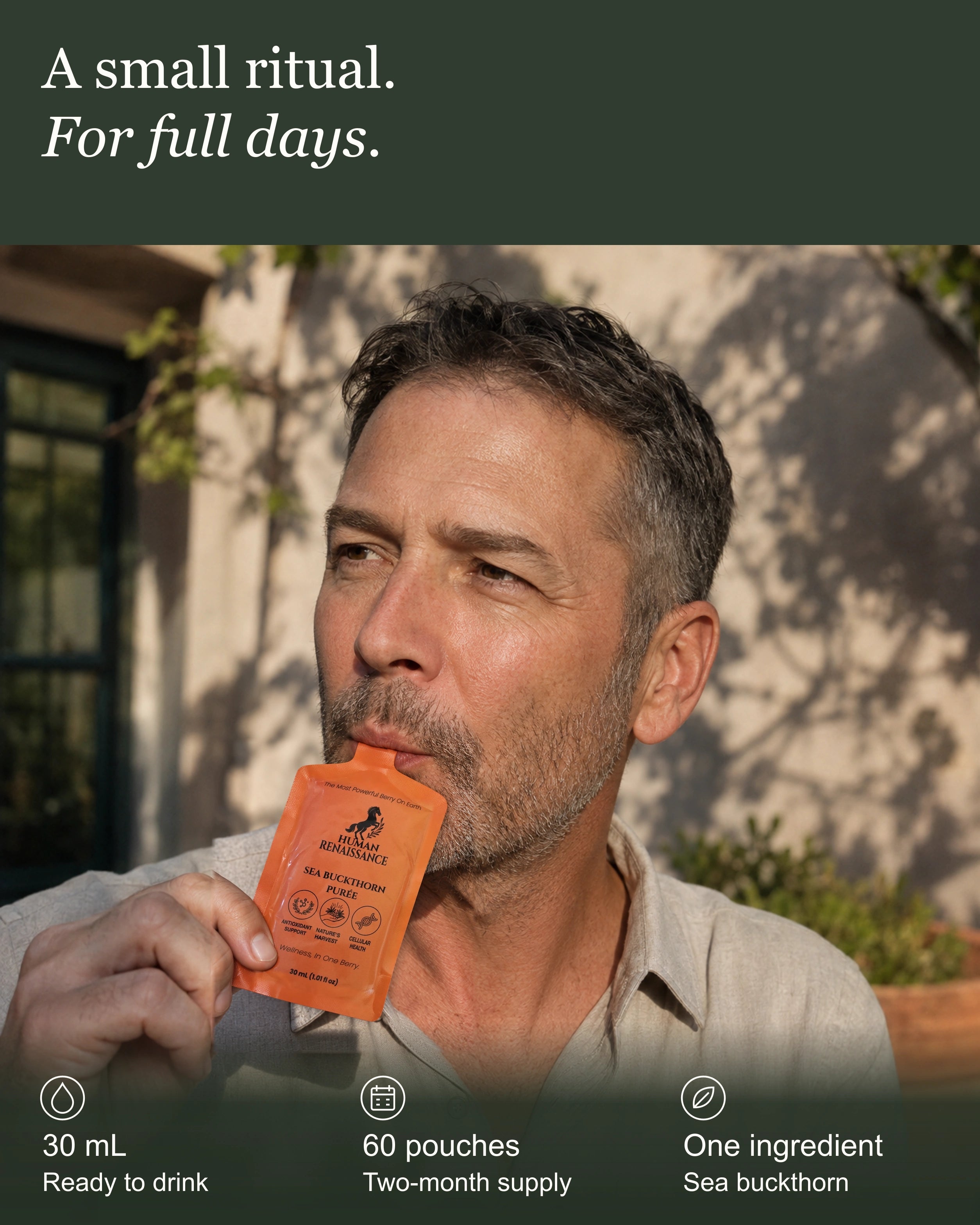 Human Renaissance sea buckthorn puree daily ritual, man holding a pouch