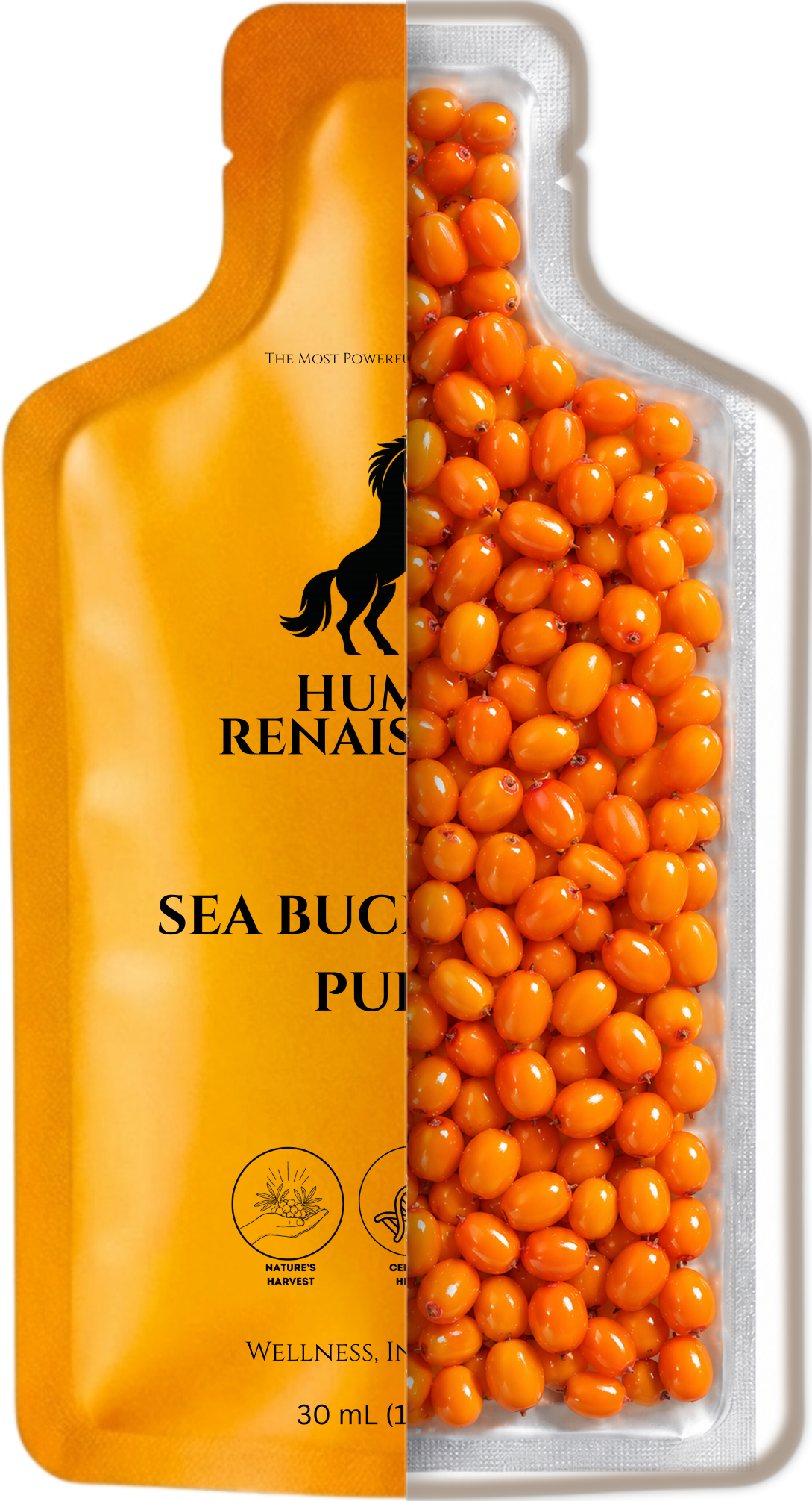 Human Renaissance pouch, one half showing the label, the other half showing the whole sea buckthorn berries inside
