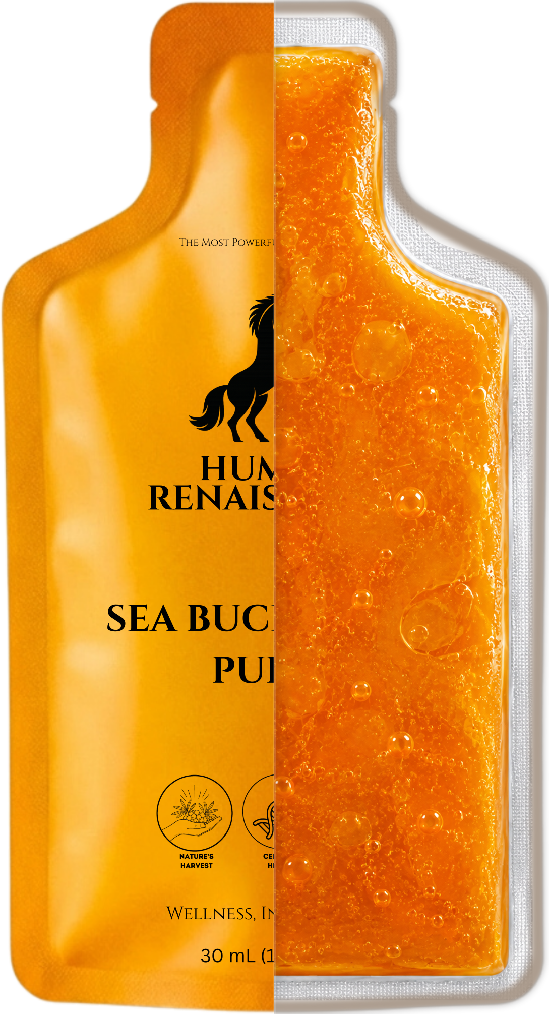 Human Renaissance pouch, one half showing the label, the other half showing the pressed sea buckthorn pur&eacute;e inside